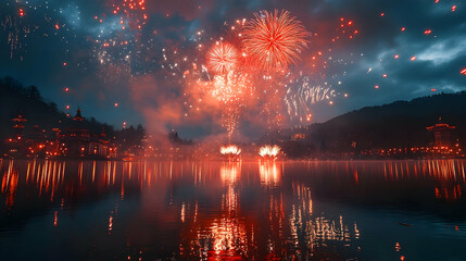 Sticker - A vibrant fireworks display over a tranquil lake, illuminating the night sky and surroundings.