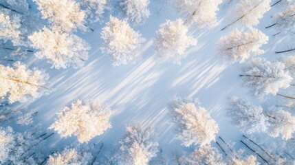 Aufkleber - Aerial view of snow-covered forest in winter, sunlight creating shadows.