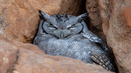 Poster - A grey owl sleeps nestled in a rocky crevice, its eyes closed peacefully.