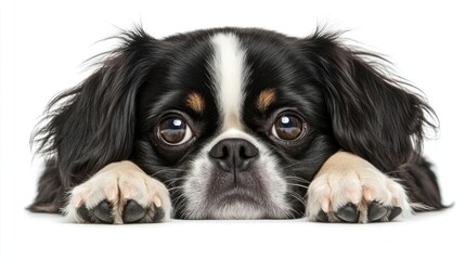 Poster - Adorable black and white puppy with big eyes lying down, looking at the camera.