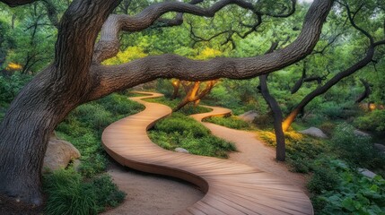 Aufkleber - Serpentine wooden walkway winding through a lush, green garden with large, ancient trees.