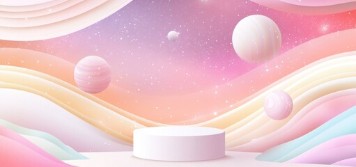 Poster - Pastel planets and waves surround a white cylinder on a pink background.