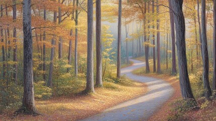 Leinwandbilder - Serene autumnal forest path winding through colorful trees bathed in sunlight.