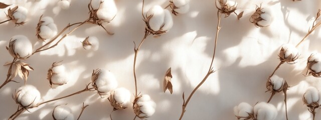 Poster - Soft, fluffy cotton blossoms on beige background. Sunlight casts shadows.