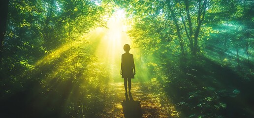 Wall Mural - a figure stands in a sunlit forest, surrounded by beams of light and greenery.