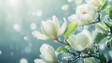 Fototapete - Dew-kissed white magnolia blossoms on a branch, sunlight bokeh background.