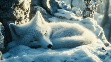 Aufkleber - Arctic fox sleeping peacefully in snowy winter landscape.