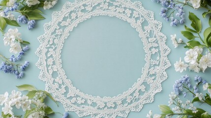 Aufkleber - Flat lay of white lace doily surrounded by blue and white flowers on a light blue background.