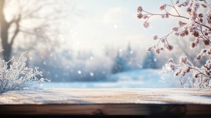 Aufkleber - Frosty winter scene with wooden surface, snow-covered plants, and sunlit forest background.