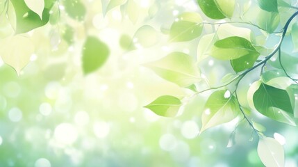 Aufkleber - Lush green leaves on branch, sunlight bokeh background.