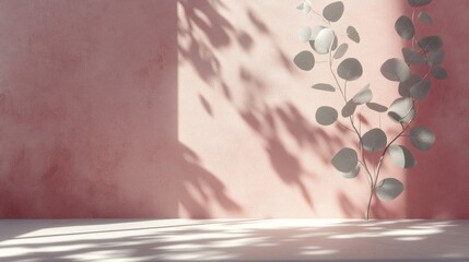 Aufkleber - Minimalist pink wall with eucalyptus branch and sunlight shadows, empty surface for product display.