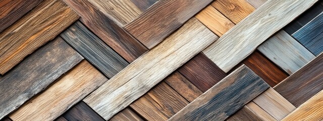 Poster - Herringbone pattern of various wood planks in different colors and textures.