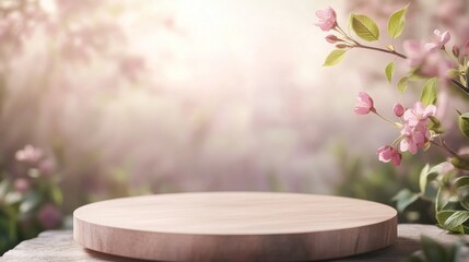 Aufkleber - Empty wooden round display stand in spring garden with pink blossoms, sunlight bokeh background.