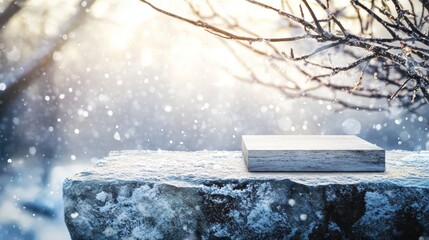 Poster - Snowy winter scene with a blank platform on a rock, perfect for product display.