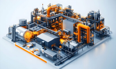 Wall Mural - A detailed industrial facility with interconnected pipes and machinery, emitting orange light.