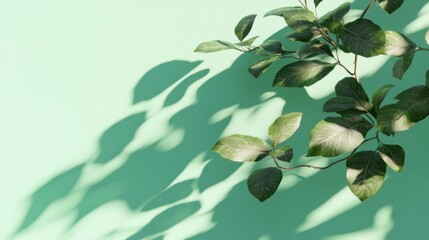 Aufkleber - Green leaves and shadows on a pastel green background.