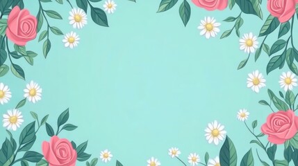 Wall Mural - Pastel pink roses and white daisies frame a teal background.