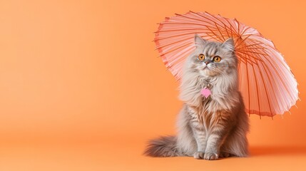 Poster - Gray cat sitting under a pink umbrella against an orange background.