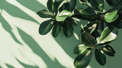 Aufkleber - Lush green foliage with shadow cast on a pale green background.
