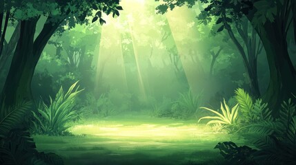 Aufkleber - Sunbeams illuminate a lush, green forest clearing.