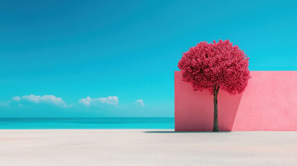 Poster - A vibrant pink tree stands beside a pastel wall against a serene ocean backdrop, embodying tranquility and artistic design in a surreal landscape.