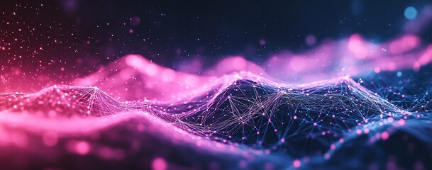 Abstract pink and blue digital landscape with glowing particles and connecting lines.