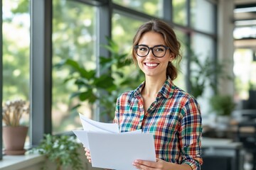 Wall Mural - Smiling woman wearing glasses and a plaid shirt holding papers, standing in a bright office with plants and large windows. Concept of positivity. Ai generative.