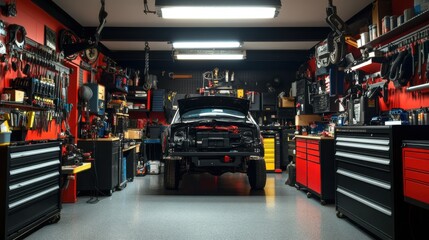 Poster - An organized home automotive garage with car tools and repair equipment, Tool chests, car parts