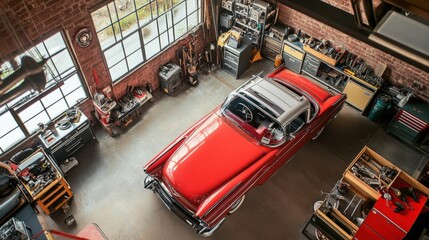 Poster - An organized home automotive workshop with car parts and repair tools, Tool chests, vehicle components