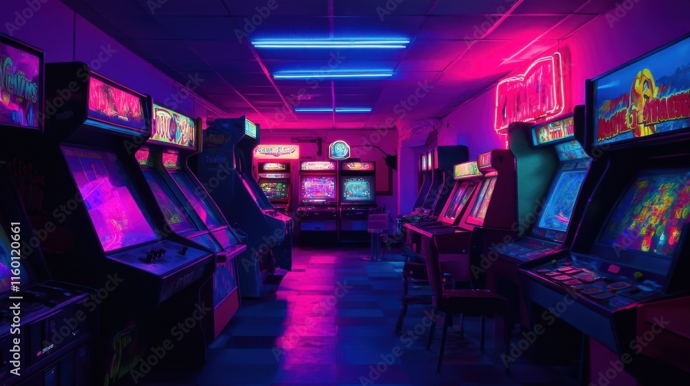 An organized retro arcade with vintage arcade machines and neon lights ...