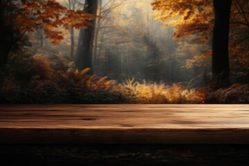 Canvas Print - wooden table against autumn forest backdrop. perfect for product displays or fall themed designs.