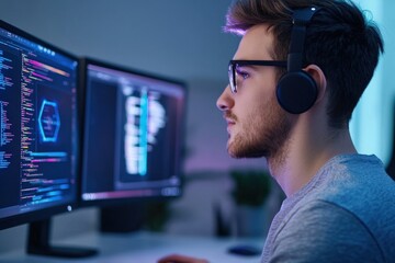 Young male programmer focused on coding at his desk with dual monitors and headphones in a modern workspace, showcasing technology and creativity in action