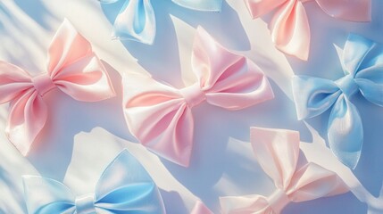 Poster - Pastel pink and blue satin bows on white background. (1)