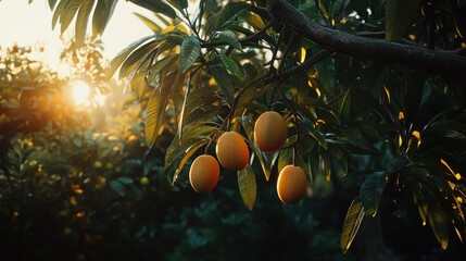 Ripe mangoes on a tree branch at sunset.