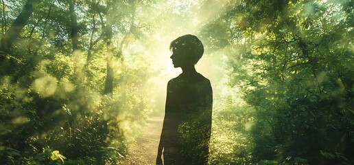 Wall Mural - a silhouette of a child in a sunlit forest, surrounded by greenery and light.