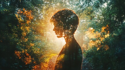 Wall Mural - a silhouette of a person surrounded by a vibrant, nature-filled background.