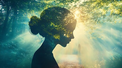 Wall Mural - a silhouette of a woman surrounded by ethereal light and nature.