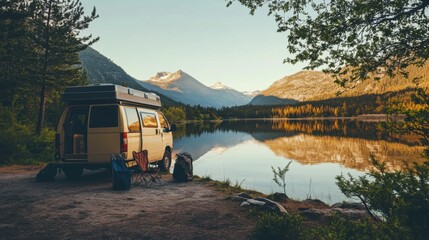 Wall Mural - A cozy camper van setup by a serene mountain lake, Camping gear against tranquil waters, Lakeside retreat style