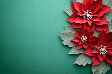 Poster - Christmas red poinsettia flower paper cut style pattern with copy space on a green background