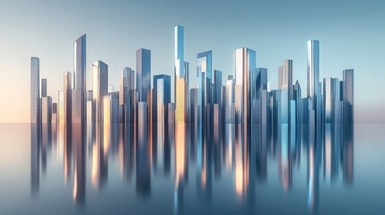 Poster - Modern city skyline reflected in calm water at sunrise.