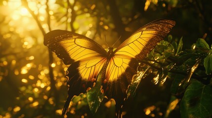 Wall Mural - Golden butterfly on branch at sunset.