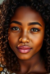 Wall Mural - Beautiful Portrait of a Young Woman with Curly Hair and Warm Skin Tone