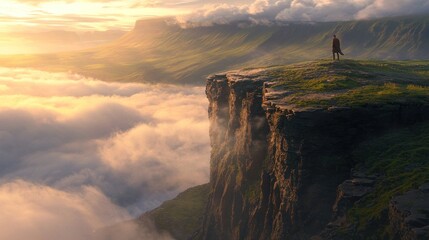 Canvas Print - Person standing on a cliff overlooking a sea of clouds at sunset.