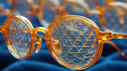 Amber glasses, intricate web pattern, blue background.