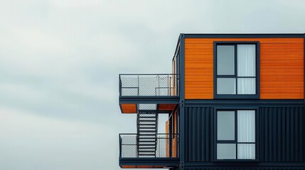 Wall Mural - A container home with an outdoor staircase under construction in an urban setting