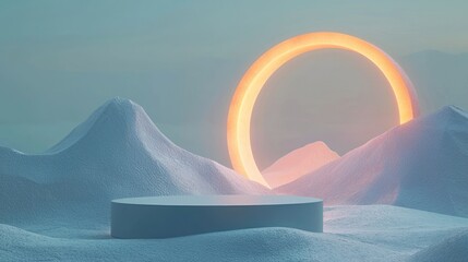 Poster - Minimalist snowy landscape with glowing ring and platform.