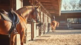 A lively equestrian stable with grooming tools and saddles, Equine care and horsemanship style, photo of