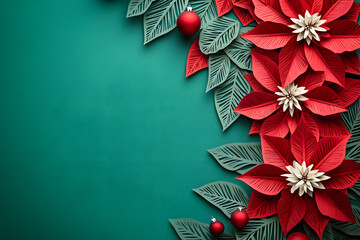 Poster - Christmas red poinsettia flower paper cut style pattern with copy space on a green background