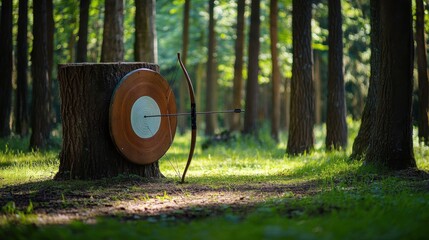 Poster - A peaceful archery range in a forest clearing, Bows and arrows set against natural backdrop, Wilderness-inspired style