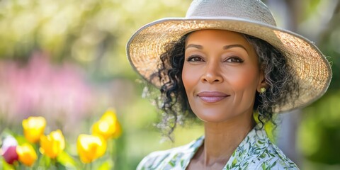 Fototapete - A woman wearing a stylish hat, posing for a portrait in a spring garden.